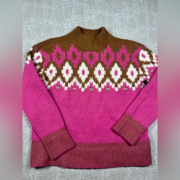 Monrow Mock Neck Fair Isle Pink Brown Alpaca Wool Blend Sweater Womens M - Picture 1 of 8